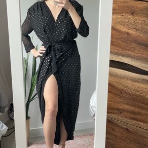Black and gold polka dot wrap maxi